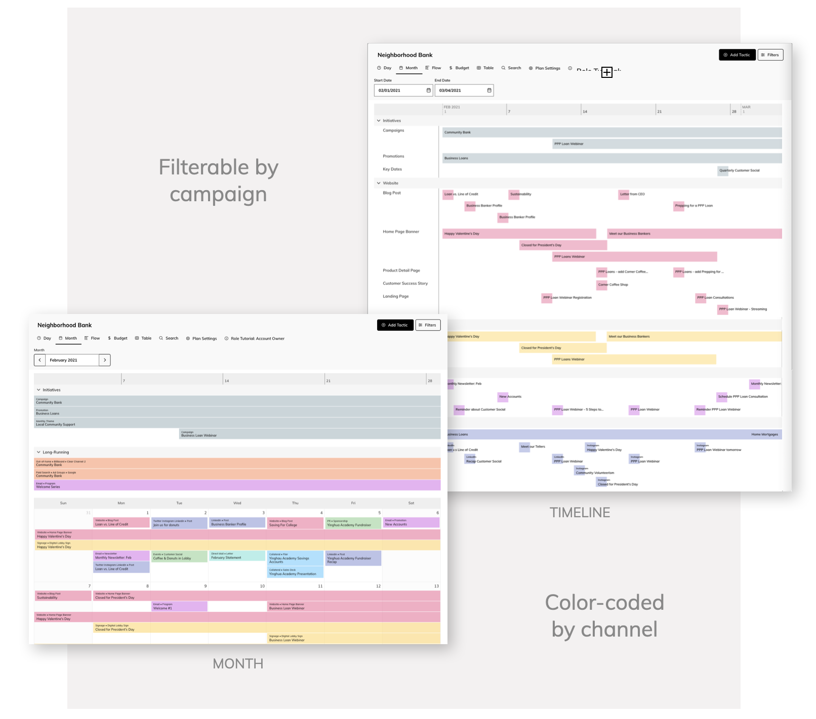 Month and timeline view of Annum's integrated marketing planning calendar
